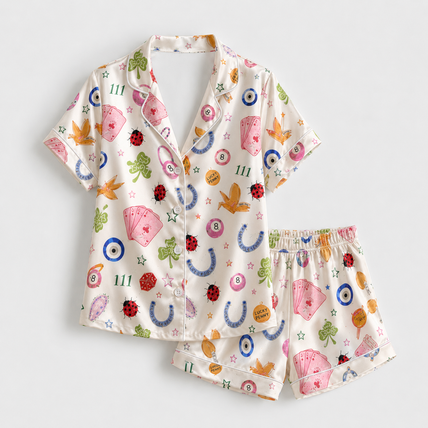 PJ-M213-White Fabric Aesthetic Pajama Apparel, Whimsical Symbol Graphic Loungewear Sleepwear Collection Top Bottom Raiment