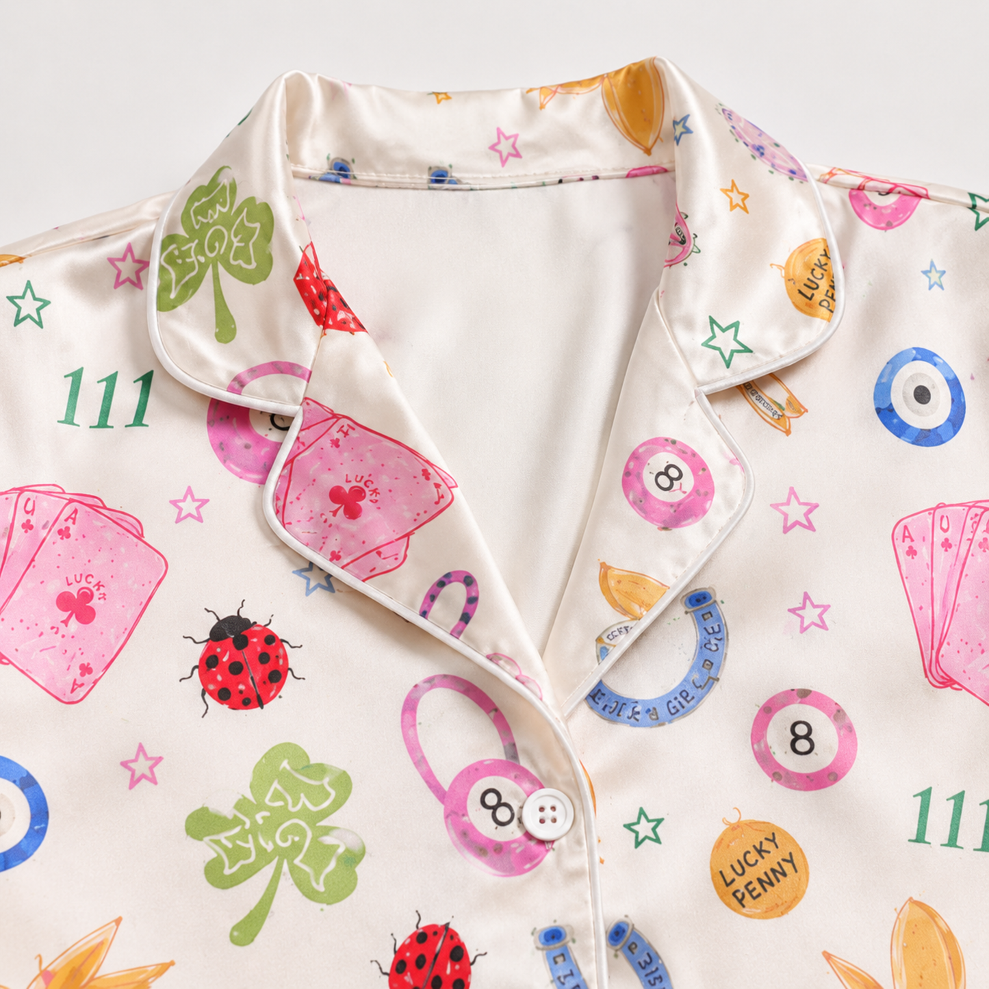 PJ-M213-White Fabric Aesthetic Pajama Apparel, Whimsical Symbol Graphic Loungewear Sleepwear Collection Top Bottom Raiment