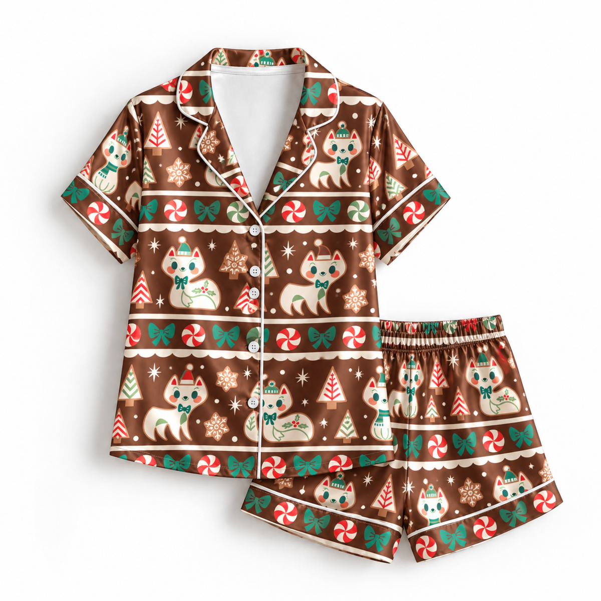 PJ-M2130-Christmas Cat Satin Pajama Set in Brown or Green with Candy Canes Bows Gingerbread Snowflakes and Festive Holiday Pattern