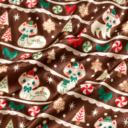 PJ-M2130-Christmas Cat Satin Pajama Set in Brown or Green with Candy Canes Bows Gingerbread Snowflakes and Festive Holiday Pattern