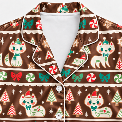 PJ-M2130-Christmas Cat Satin Pajama Set in Brown or Green with Candy Canes Bows Gingerbread Snowflakes and Festive Holiday Pattern