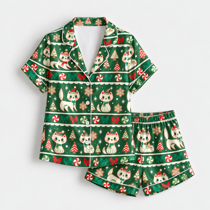 PJ-M2130-Christmas Cat Satin Pajama Set in Brown or Green with Candy Canes Bows Gingerbread Snowflakes and Festive Holiday Pattern