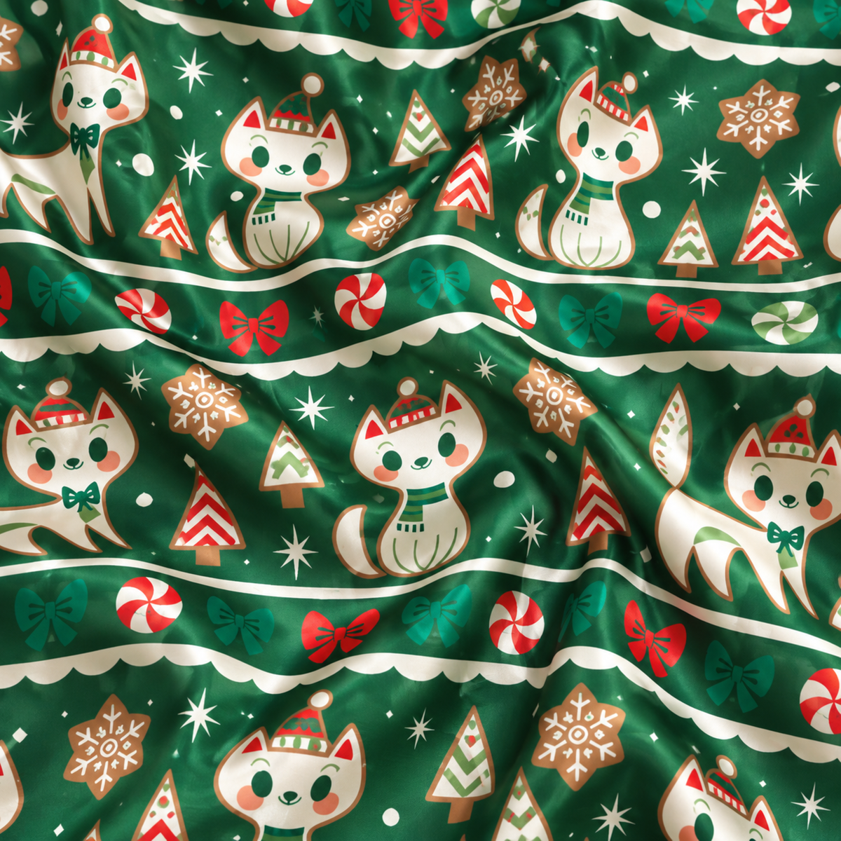 PJ-M2130-Christmas Cat Satin Pajama Set in Brown or Green with Candy Canes Bows Gingerbread Snowflakes and Festive Holiday Pattern