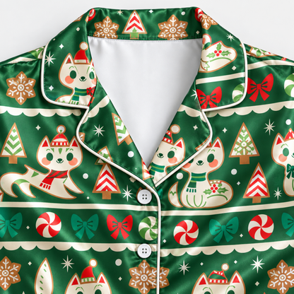 PJ-M2130-Christmas Cat Satin Pajama Set in Brown or Green with Candy Canes Bows Gingerbread Snowflakes and Festive Holiday Pattern