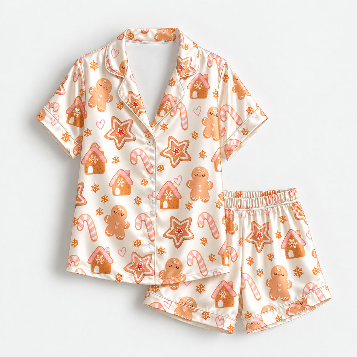 PJ-M2132-Gingerbread Christmas Satin Pajama Set with Gingerbread Houses Candy Canes Cookies Hearts and Festive Holiday Pattern
