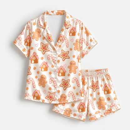 PJ-M2132-Gingerbread Christmas Satin Pajama Set with Gingerbread Houses Candy Canes Cookies Hearts and Festive Holiday Pattern