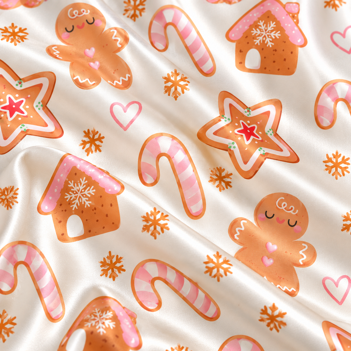 PJ-M2132-Gingerbread Christmas Satin Pajama Set with Gingerbread Houses Candy Canes Cookies Hearts and Festive Holiday Pattern