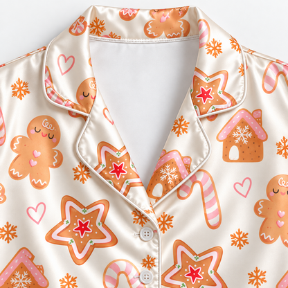 PJ-M2132-Gingerbread Christmas Satin Pajama Set with Gingerbread Houses Candy Canes Cookies Hearts and Festive Holiday Pattern