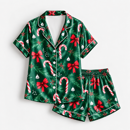 PJ-M2133-Christmas Satin Pajama Set with Candy Canes Red Bows Pine Greenery Holly Berries and Festive Holiday Pattern