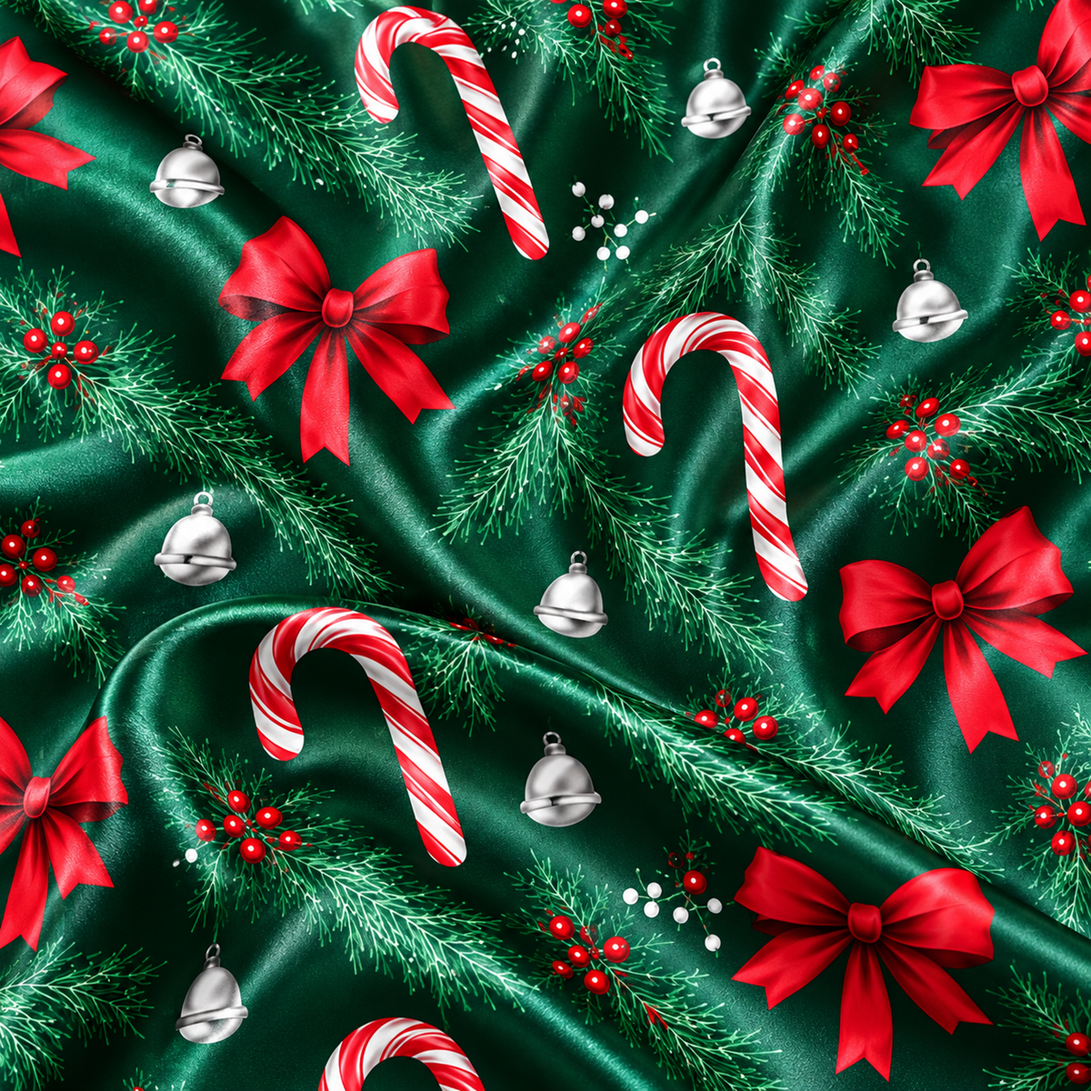PJ-M2133-Christmas Satin Pajama Set with Candy Canes Red Bows Pine Greenery Holly Berries and Festive Holiday Pattern