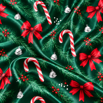 PJ-M2133-Christmas Satin Pajama Set with Candy Canes Red Bows Pine Greenery Holly Berries and Festive Holiday Pattern