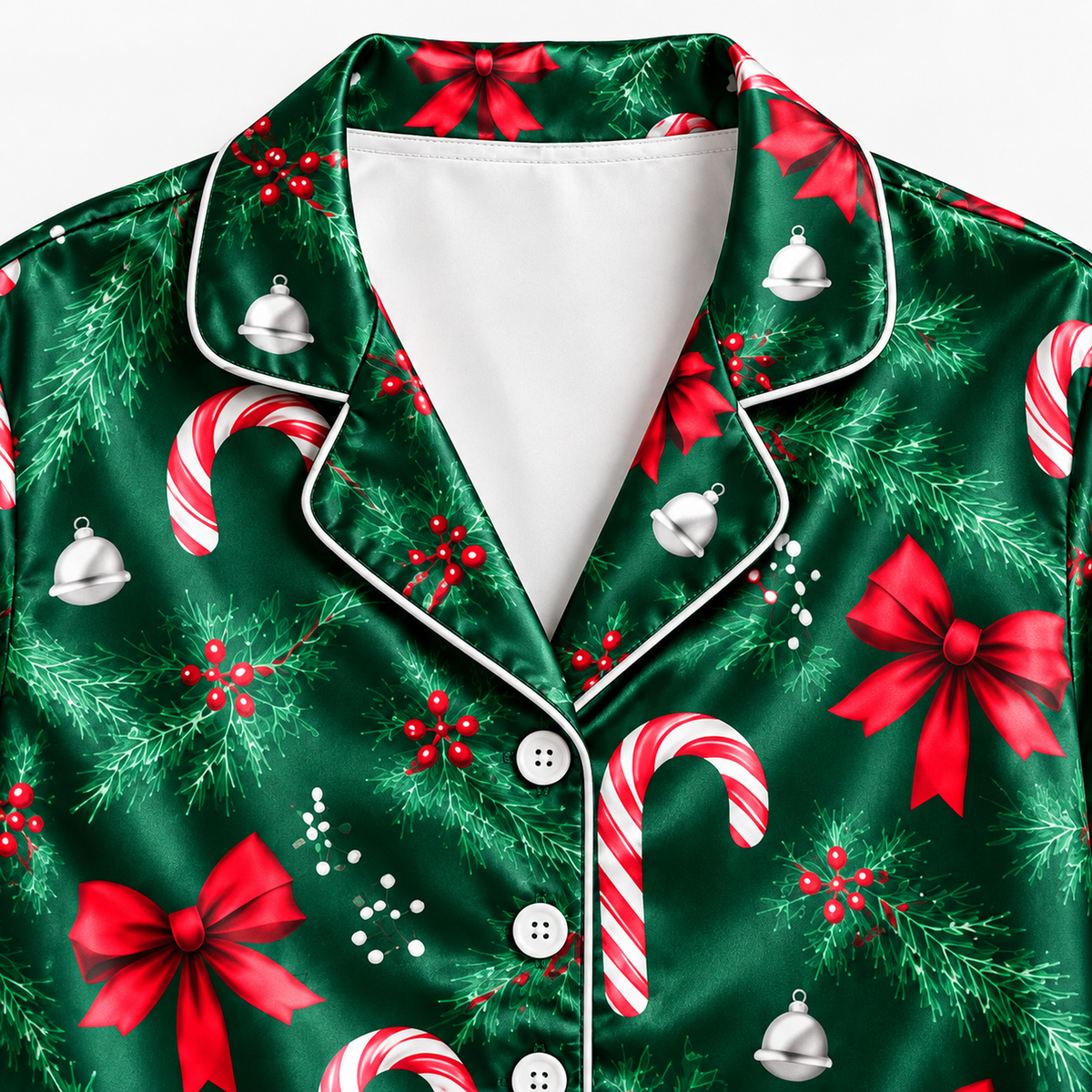 PJ-M2133-Christmas Satin Pajama Set with Candy Canes Red Bows Pine Greenery Holly Berries and Festive Holiday Pattern