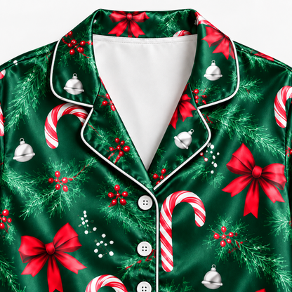 PJ-M2133-Christmas Satin Pajama Set with Candy Canes Red Bows Pine Greenery Holly Berries and Festive Holiday Pattern