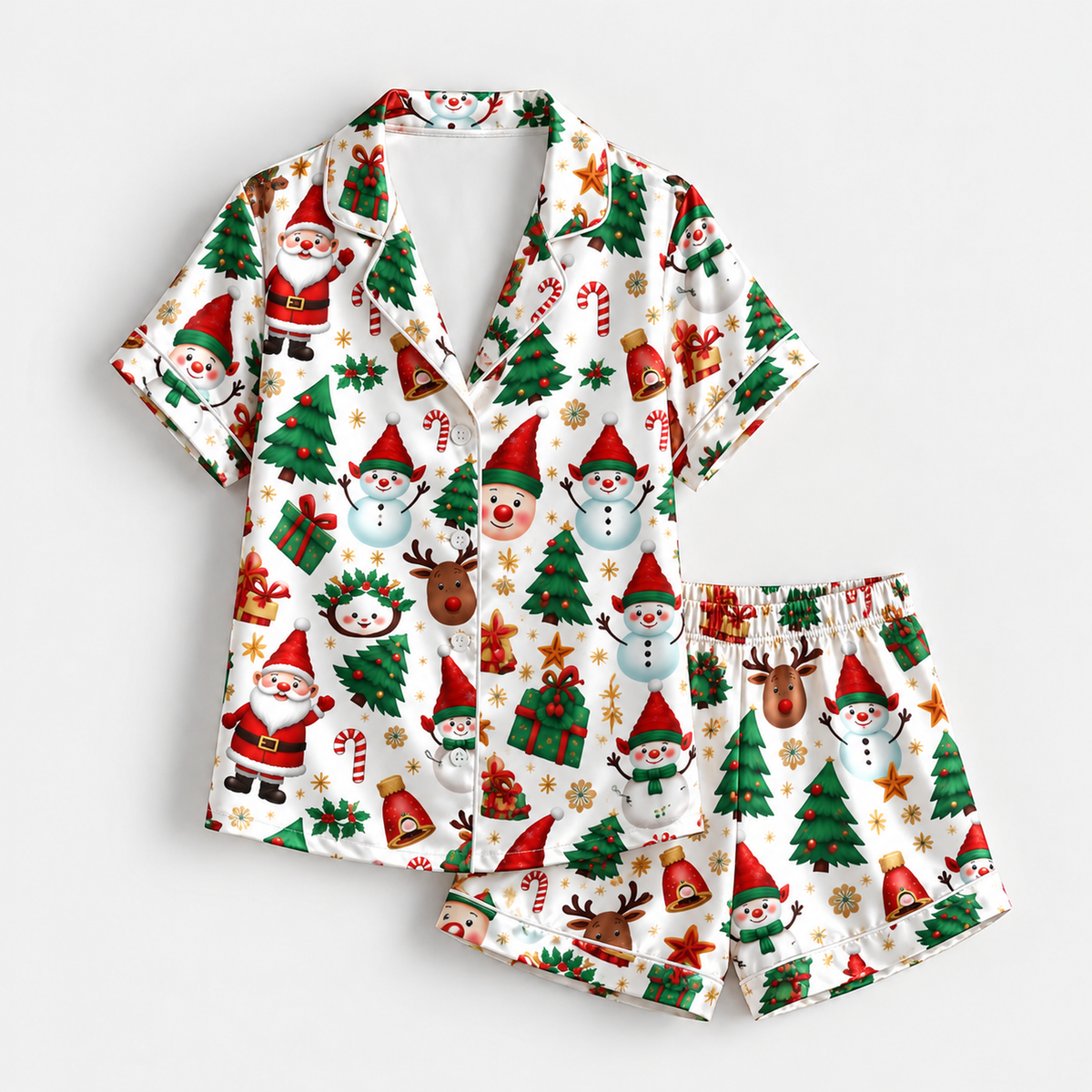 PJ-M2134-Christmas Satin Pajama Set with Santa Snowmen Reindeer Trees Gifts Candy Canes and Festive Holiday Pattern