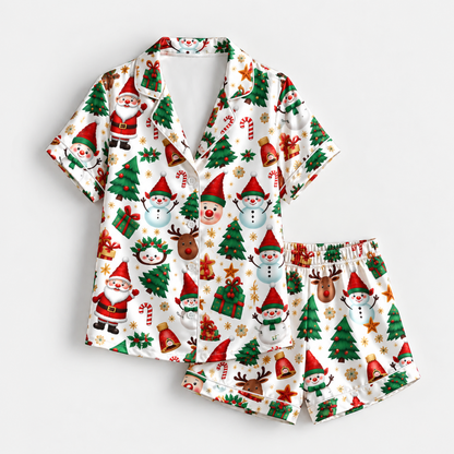 PJ-M2134-Christmas Satin Pajama Set with Santa Snowmen Reindeer Trees Gifts Candy Canes and Festive Holiday Pattern