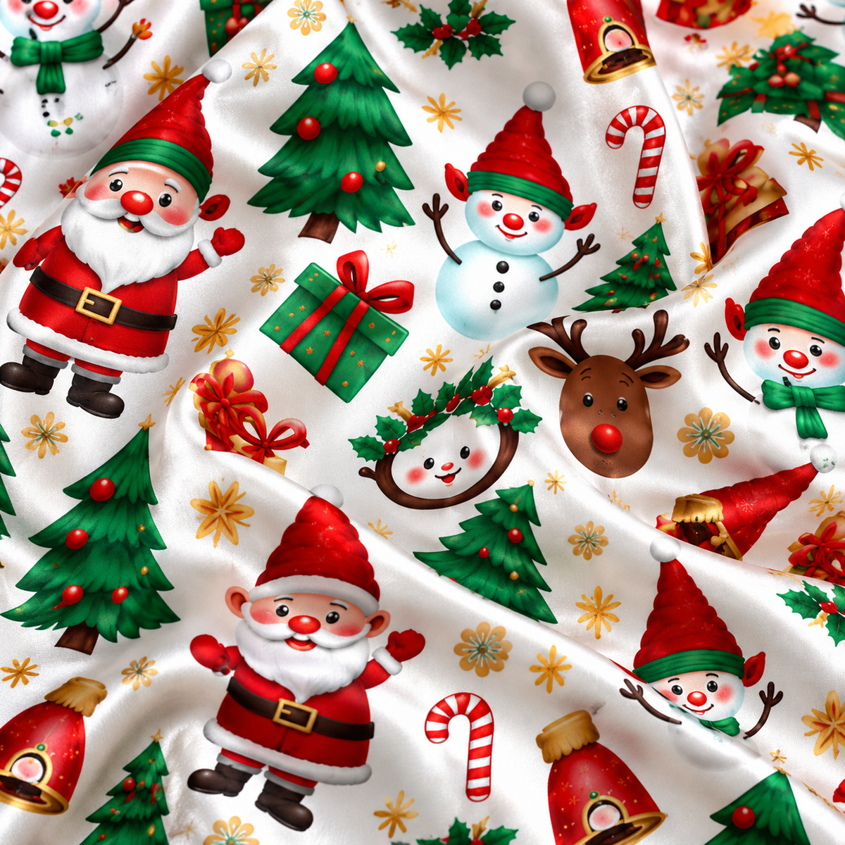 PJ-M2134-Christmas Satin Pajama Set with Santa Snowmen Reindeer Trees Gifts Candy Canes and Festive Holiday Pattern