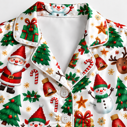 PJ-M2134-Christmas Satin Pajama Set with Santa Snowmen Reindeer Trees Gifts Candy Canes and Festive Holiday Pattern
