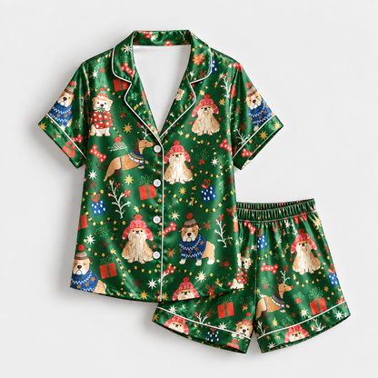PJ-M2135-Christmas Dog Satin Pajama Set with Festive Sweater Dogs Gifts Stockings Snowflakes and Green Holiday Pattern