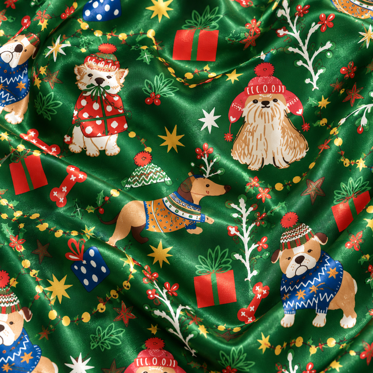 PJ-M2135-Christmas Dog Satin Pajama Set with Festive Sweater Dogs Gifts Stockings Snowflakes and Green Holiday Pattern