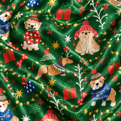 PJ-M2135-Christmas Dog Satin Pajama Set with Festive Sweater Dogs Gifts Stockings Snowflakes and Green Holiday Pattern