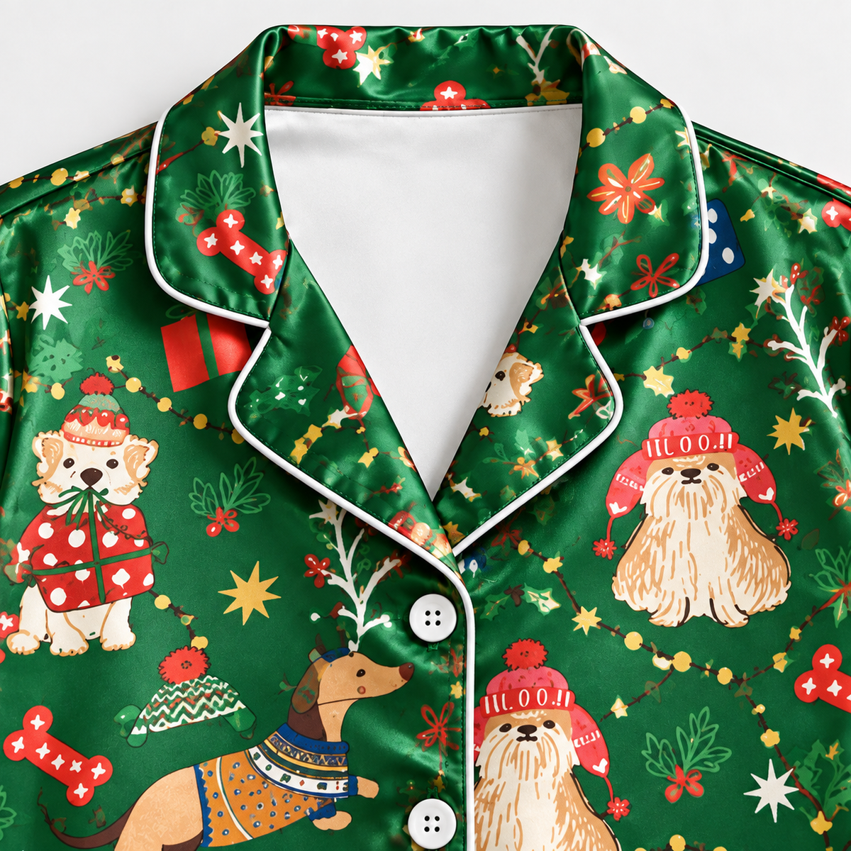 PJ-M2135-Christmas Dog Satin Pajama Set with Festive Sweater Dogs Gifts Stockings Snowflakes and Green Holiday Pattern