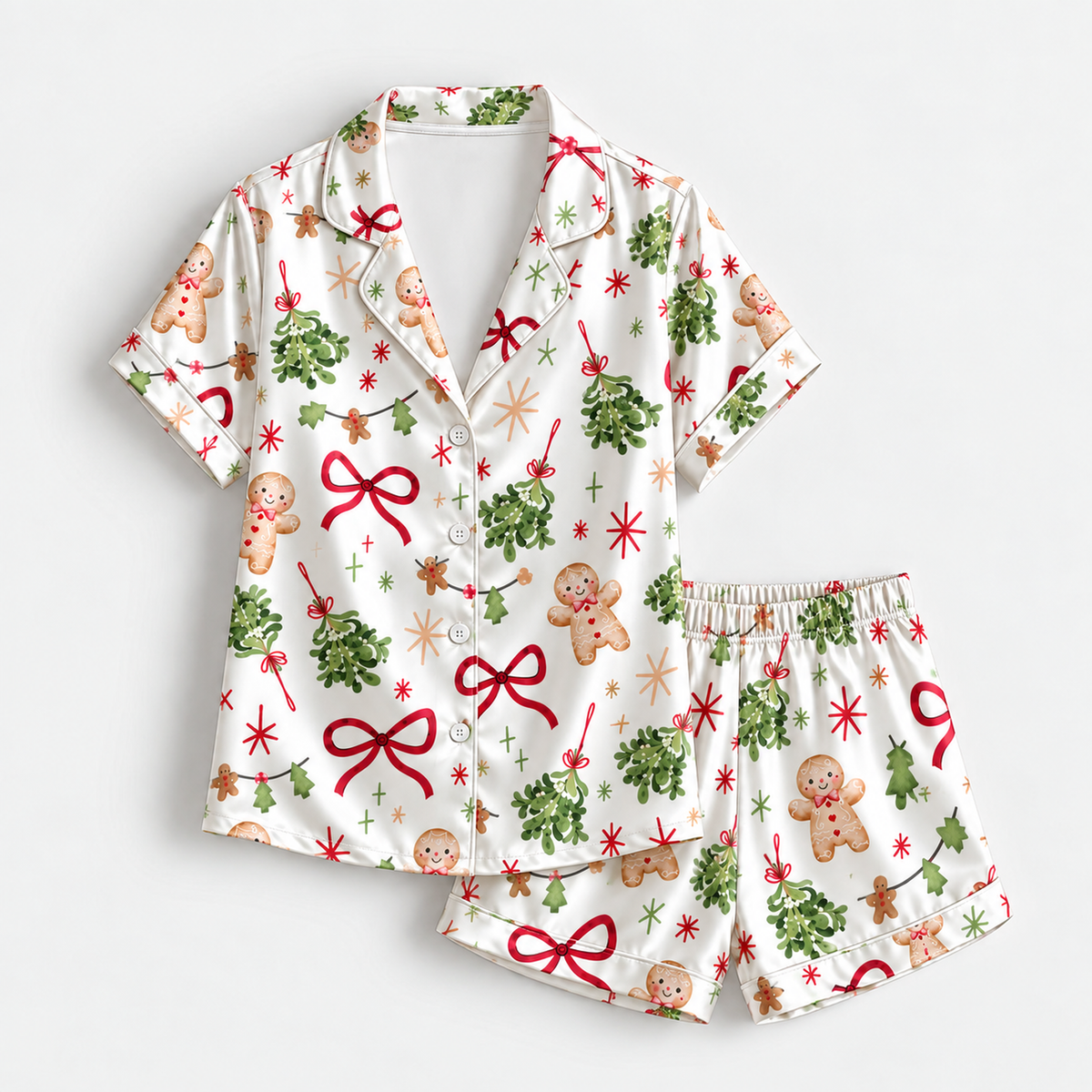 PJ-M2136-Christmas Gingerbread Satin Pajama Set with Mistletoe Red Bows Holly and Festive Holiday Pattern