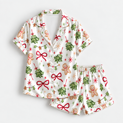 PJ-M2136-Christmas Gingerbread Satin Pajama Set with Mistletoe Red Bows Holly and Festive Holiday Pattern