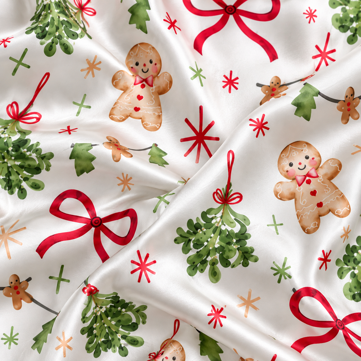 PJ-M2136-Christmas Gingerbread Satin Pajama Set with Mistletoe Red Bows Holly and Festive Holiday Pattern