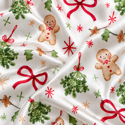 PJ-M2136-Christmas Gingerbread Satin Pajama Set with Mistletoe Red Bows Holly and Festive Holiday Pattern