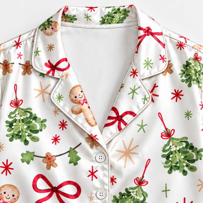 PJ-M2136-Christmas Gingerbread Satin Pajama Set with Mistletoe Red Bows Holly and Festive Holiday Pattern