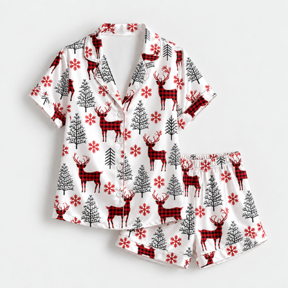 PJ-M2137-Christmas Reindeer Satin Pajama Set with Buffalo Plaid Deer Snowflakes Pine Trees and Festive Winter Pattern