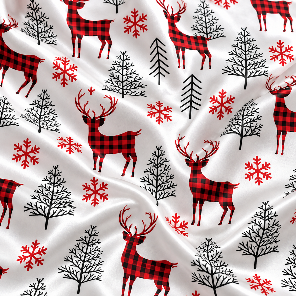 PJ-M2137-Christmas Reindeer Satin Pajama Set with Buffalo Plaid Deer Snowflakes Pine Trees and Festive Winter Pattern