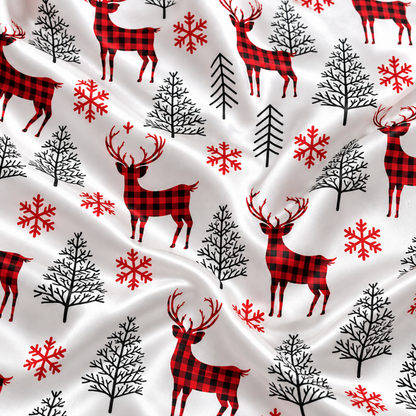 PJ-M2137-Christmas Reindeer Satin Pajama Set with Buffalo Plaid Deer Snowflakes Pine Trees and Festive Winter Pattern