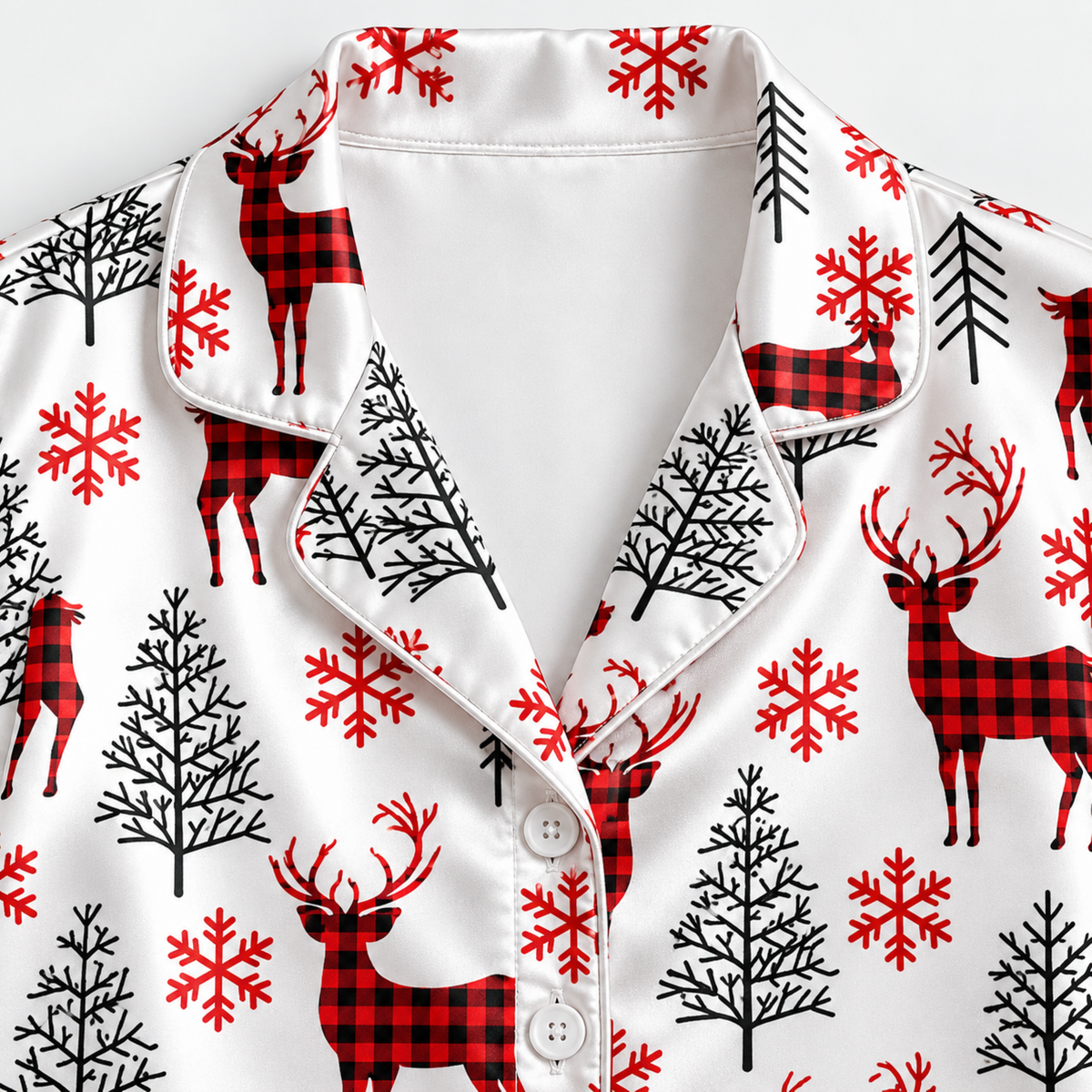 PJ-M2137-Christmas Reindeer Satin Pajama Set with Buffalo Plaid Deer Snowflakes Pine Trees and Festive Winter Pattern