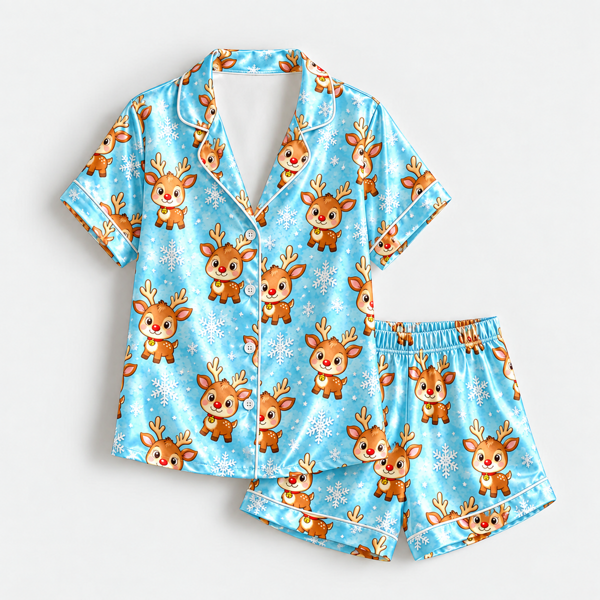 PJ-M2138-Christmas Reindeer Satin Pajama Set with Snowflakes and Playful Blue Winter Holiday Pattern