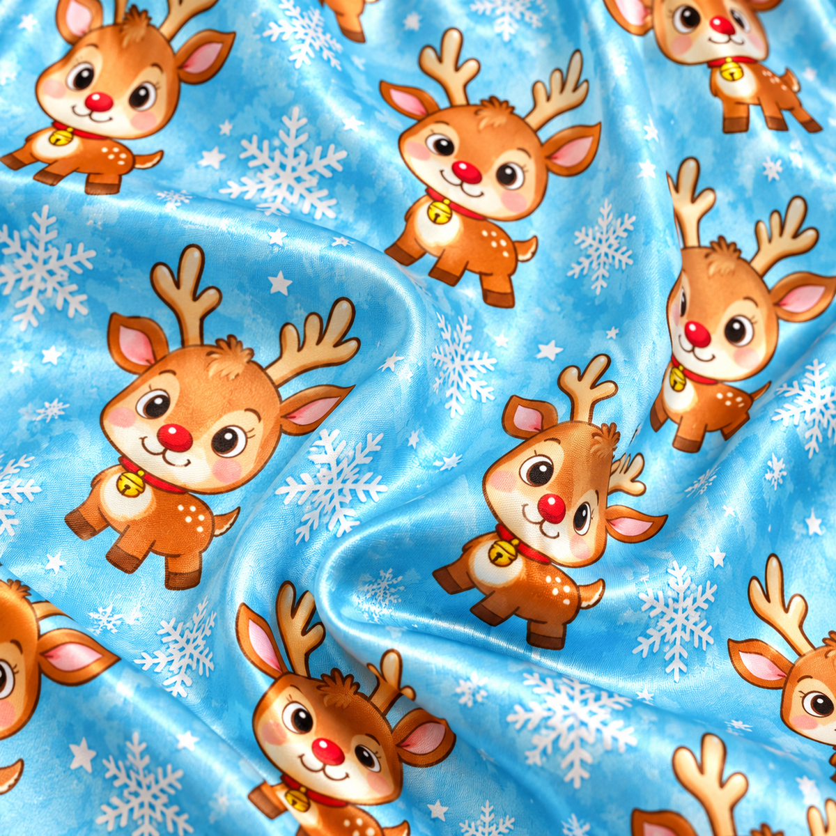 PJ-M2138-Christmas Reindeer Satin Pajama Set with Snowflakes and Playful Blue Winter Holiday Pattern