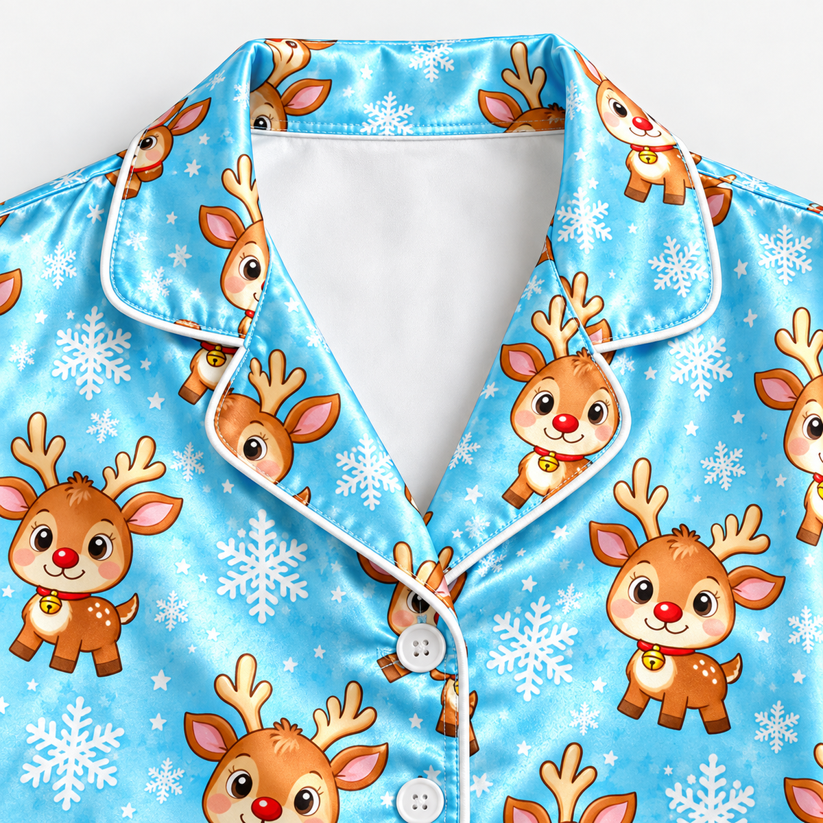 PJ-M2138-Christmas Reindeer Satin Pajama Set with Snowflakes and Playful Blue Winter Holiday Pattern