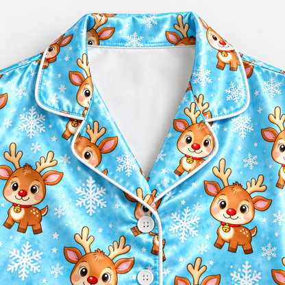 PJ-M2138-Christmas Reindeer Satin Pajama Set with Snowflakes and Playful Blue Winter Holiday Pattern