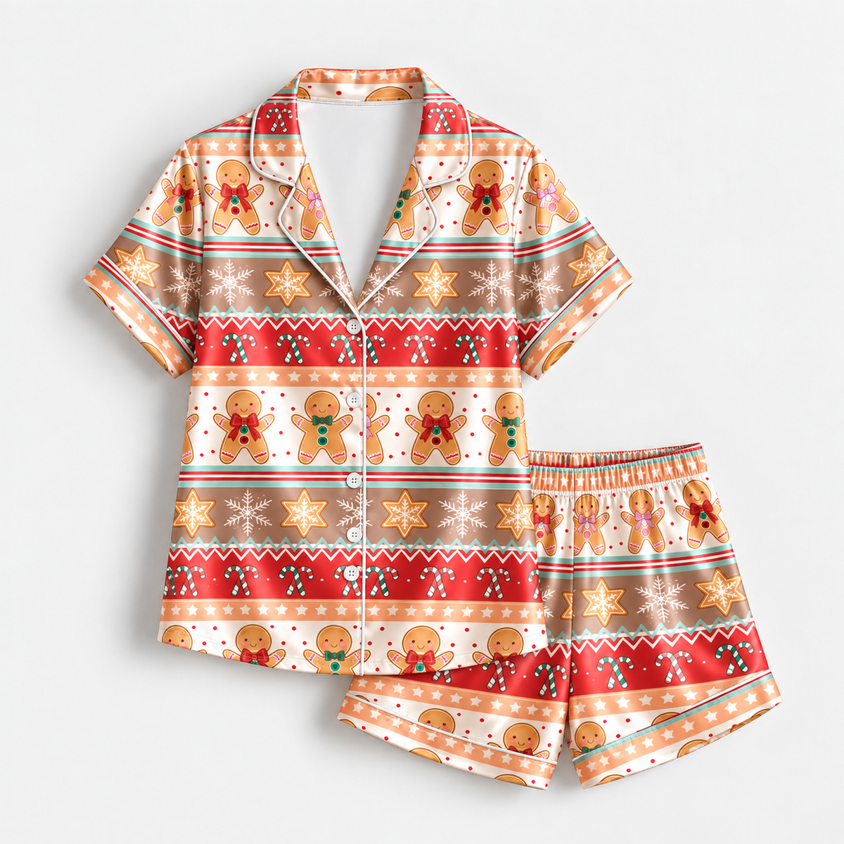 PJ-M2139-Gingerbread Christmas Satin Pajama Set with Cookies Snowflakes Stars and Festive Fair Isle Holiday Pattern