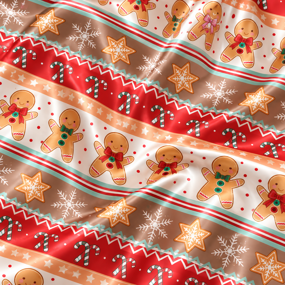 PJ-M2139-Gingerbread Christmas Satin Pajama Set with Cookies Snowflakes Stars and Festive Fair Isle Holiday Pattern