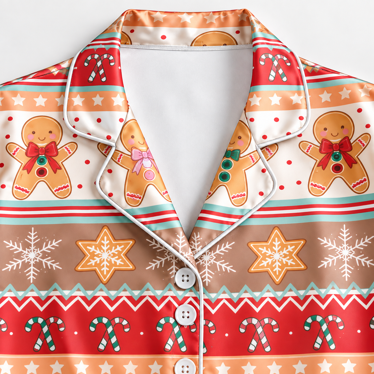 PJ-M2139-Gingerbread Christmas Satin Pajama Set with Cookies Snowflakes Stars and Festive Fair Isle Holiday Pattern