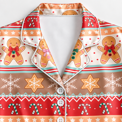 PJ-M2139-Gingerbread Christmas Satin Pajama Set with Cookies Snowflakes Stars and Festive Fair Isle Holiday Pattern