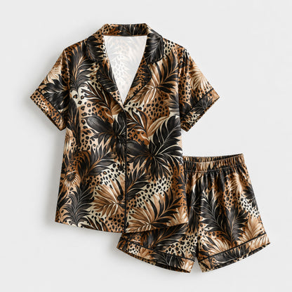 PJ-M214-Brown Poly Animal Pajama Apparel, Leaf Pattern Loungewear Sleepwear Collection Top Bottom Matching Clothing