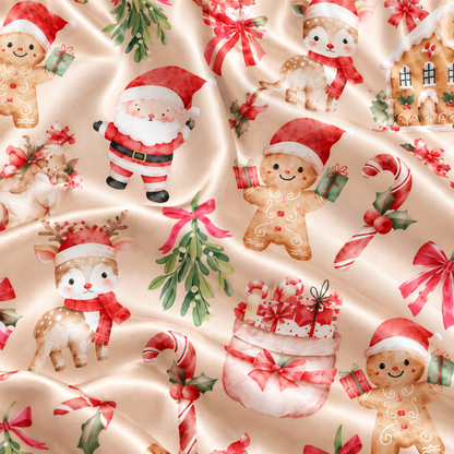 PJ-M2140-Santa Gingerbread Christmas Satin Pajama Set with Candy Canes Mistletoe Bows Gifts and Festive Holiday Pattern