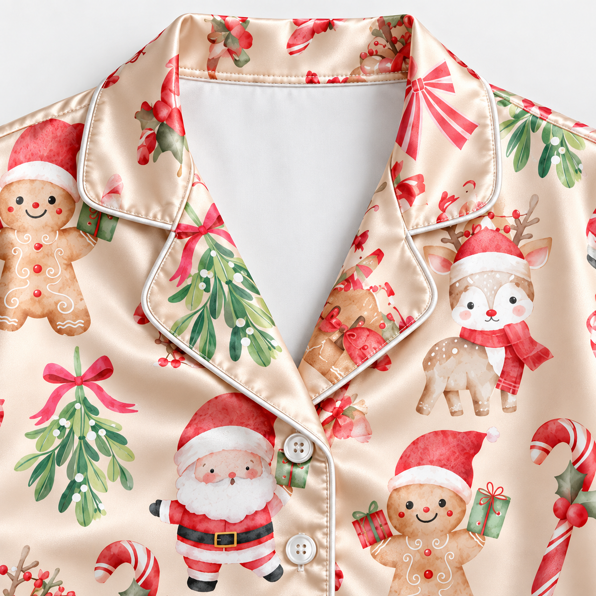 PJ-M2140-Santa Gingerbread Christmas Satin Pajama Set with Candy Canes Mistletoe Bows Gifts and Festive Holiday Pattern