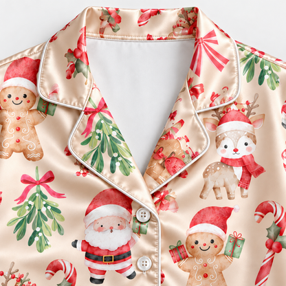 PJ-M2140-Santa Gingerbread Christmas Satin Pajama Set with Candy Canes Mistletoe Bows Gifts and Festive Holiday Pattern