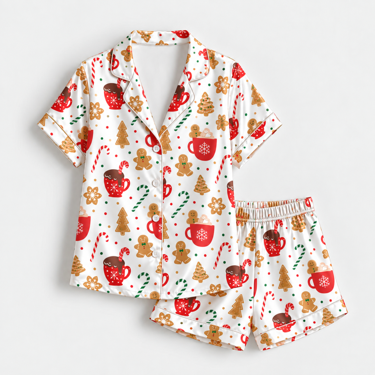 PJ-M2141-Gingerbread Christmas Satin Pajama Set with Cocoa Mugs Candy Canes Cookies and Festive Holiday Pattern
