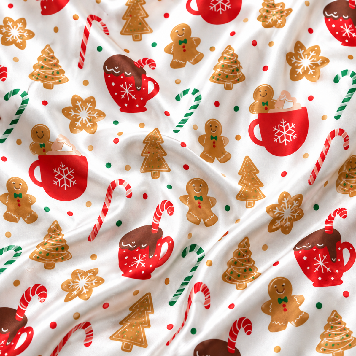 PJ-M2141-Gingerbread Christmas Satin Pajama Set with Cocoa Mugs Candy Canes Cookies and Festive Holiday Pattern