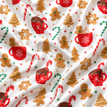 PJ-M2141-Gingerbread Christmas Satin Pajama Set with Cocoa Mugs Candy Canes Cookies and Festive Holiday Pattern