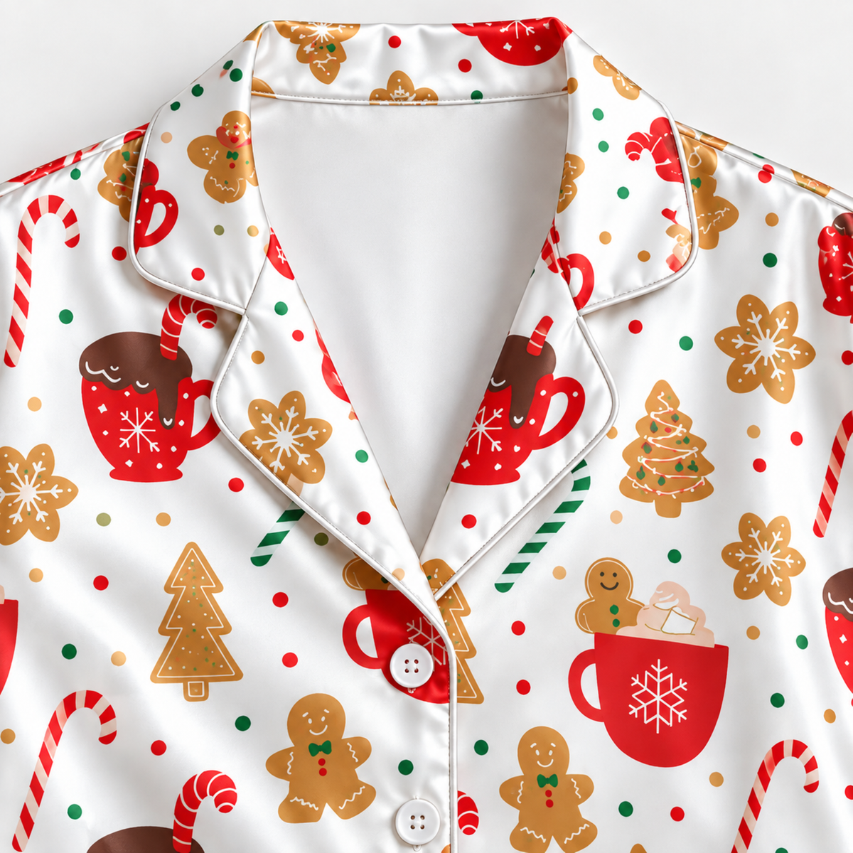 PJ-M2141-Gingerbread Christmas Satin Pajama Set with Cocoa Mugs Candy Canes Cookies and Festive Holiday Pattern
